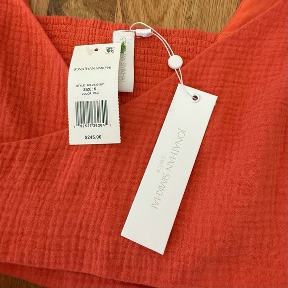 New NWT Jonathan Simkhai Mila Orange Coral Crop Puff Sleeve Wrap Top Size S - Picture 3 of 6